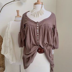 Free People Tan 3/4 Sleeve Tie Front Blouse